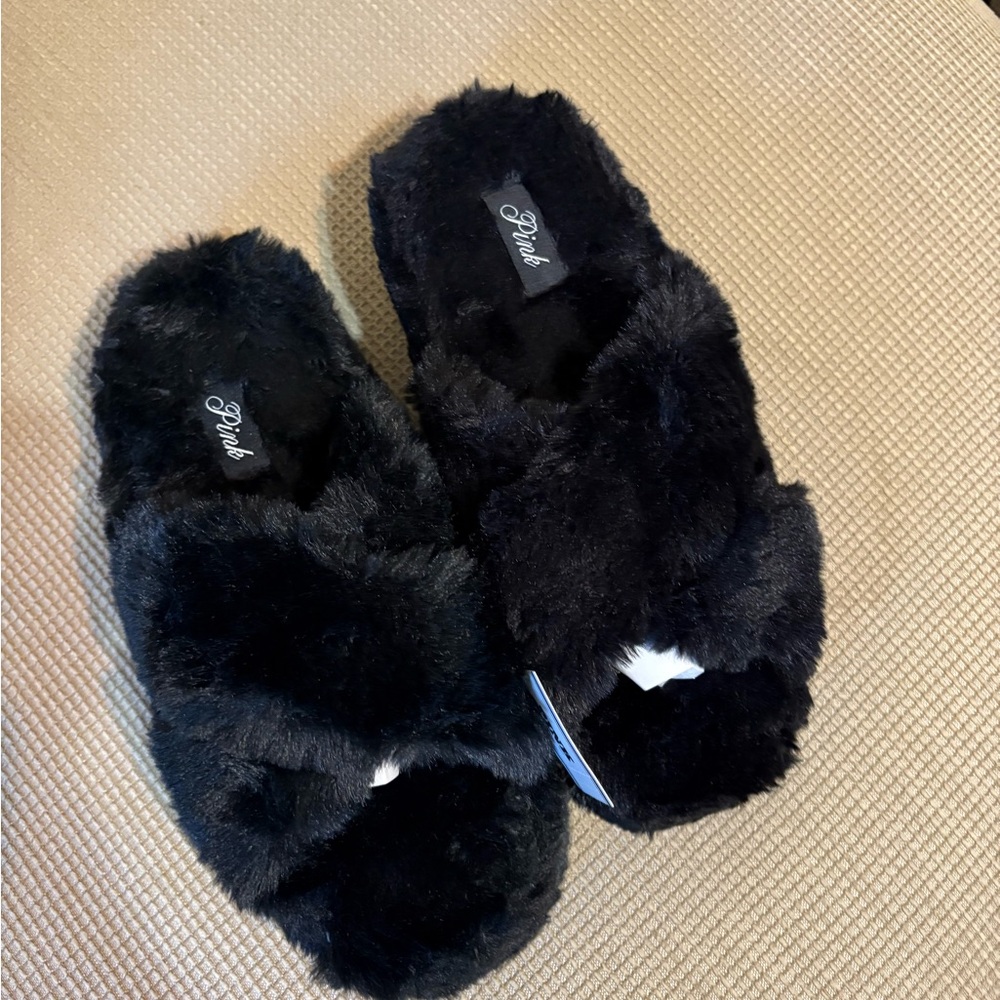 VS Pink Cozy Black Furry Slippers
